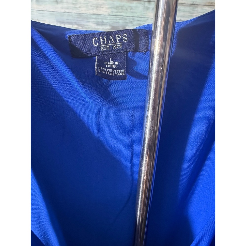 Chaps Faux Wrap Dress Large Royal Blue Excellent Ruched Surplice V-Neck Sheath - Picture 2 of 3